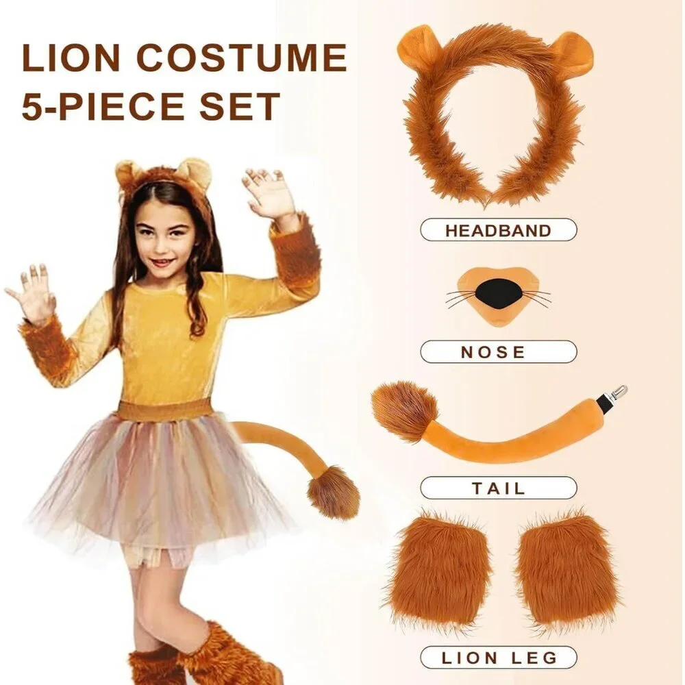 Lion Costume Set for Adults Including Ear Headband Tail & Paw Gloves